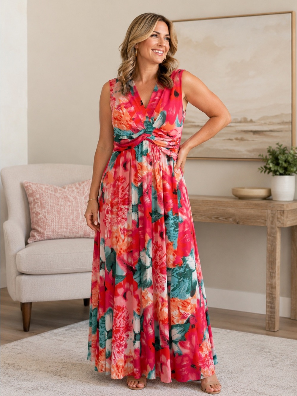 Vince Camuto Coral & Teal Floral Twist-Waist Maxi Dress